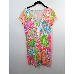 Lilly Pulitzer Women's Bright Pink Blue Green Dress V-neck Small Shift